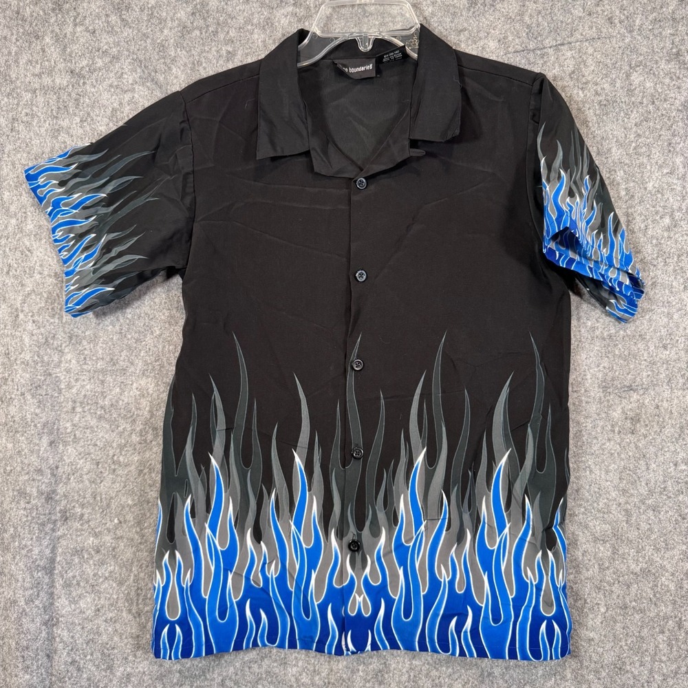 Vintage Y2K No Boundaries Blue Flame Shirt Boys XL Fire Rockabilly Grunge Punk